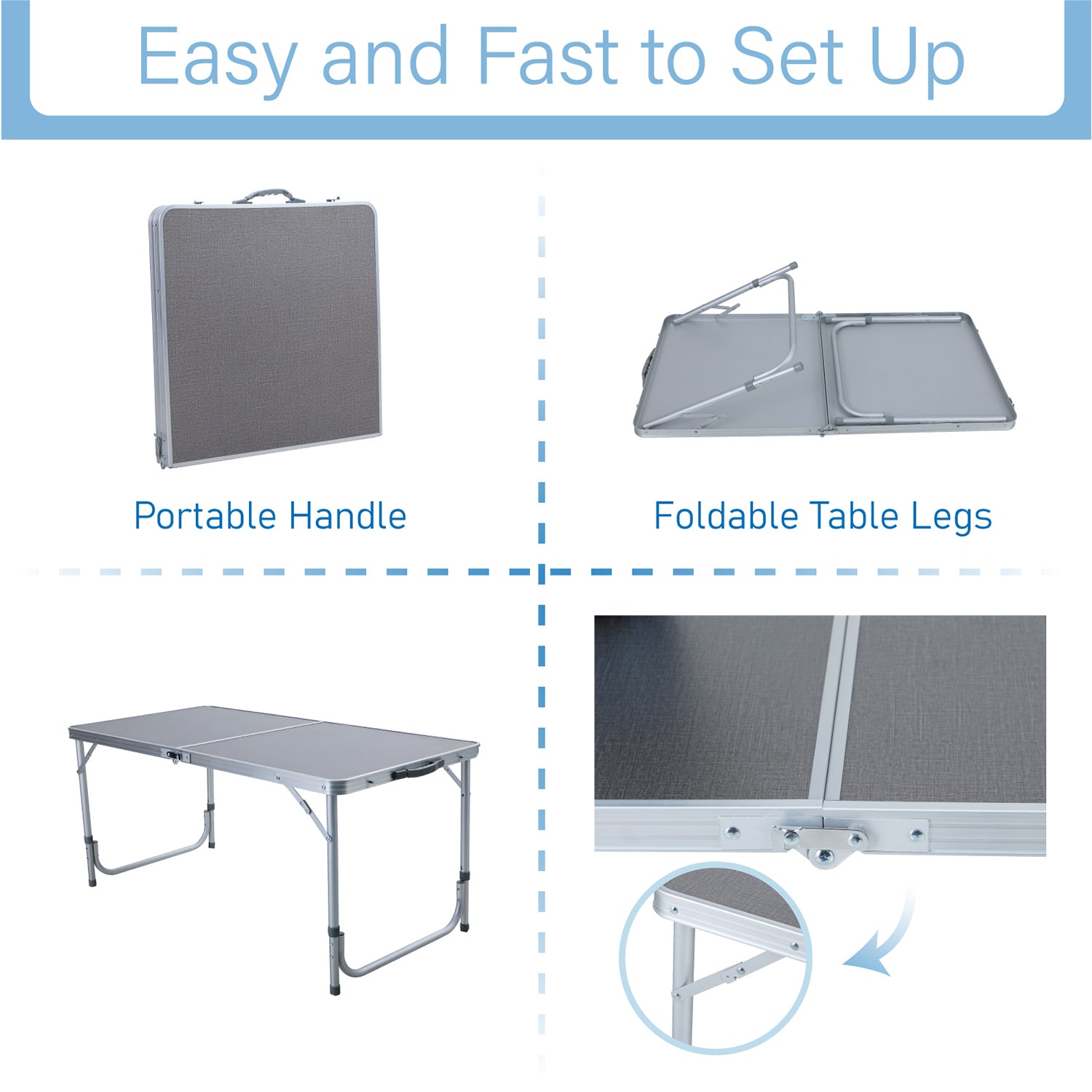 Alpha Camp Portable Folding Camping Table Aluminum Frame Rectangular Outdoor Picnic Table with Adjustable Height， Silver