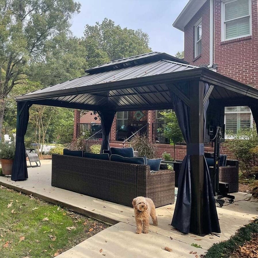 PURPLE LEAF Hardtop Aluminum Gazebo with Curtains and Netting  Double Roof Patio Gazebo  Bulbs included