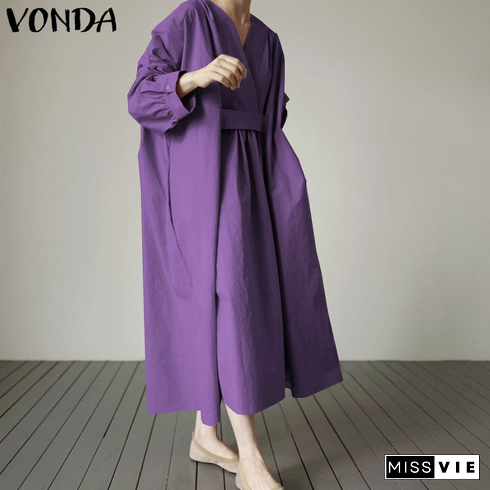 VONDA Casual Black Oversized Maxi Dress Loose Solid Color Autumn Fashion Women's Kaftan Dress