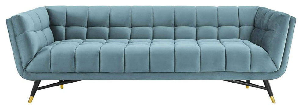 Velvet Fabric Tufted Sofa  Accent Bench  2 Lounge Chairs  Sea Blue   Midcentury   Living Room Furniture Sets   by VirVentures  Houzz