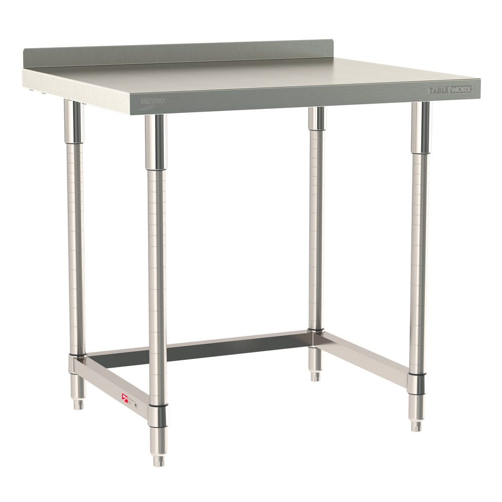 Metro TWS3036SU-316B-S TableWorx Stationary Stainless Steel Work Table with Open 3-Sided Frame and Backsplash， 30