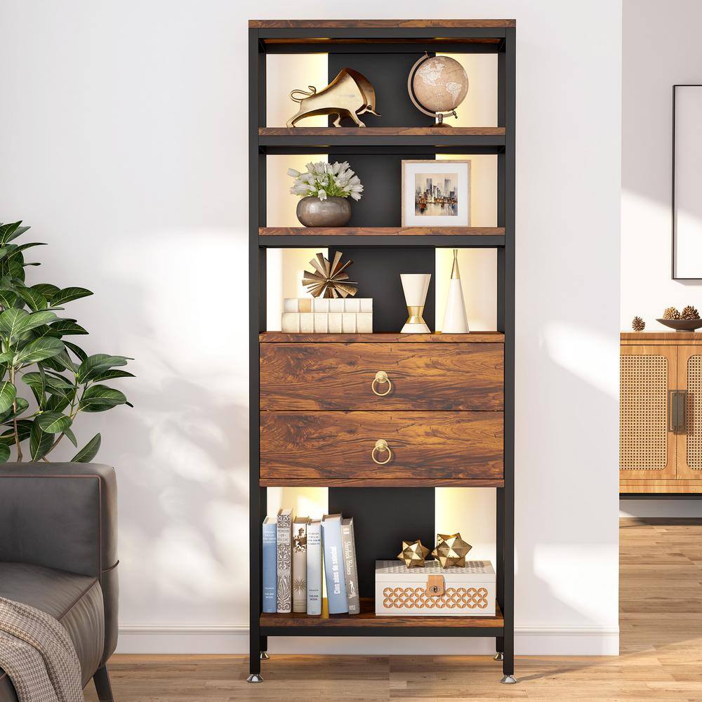 TRIBESIGNS WAY TO ORIGIN Kaduna 27.56 in. Wide Rustic Brown Wood 5-Shelf Free Standing Bookcase with Adjustable LED Light and 2-Drawers ZY-XK22098