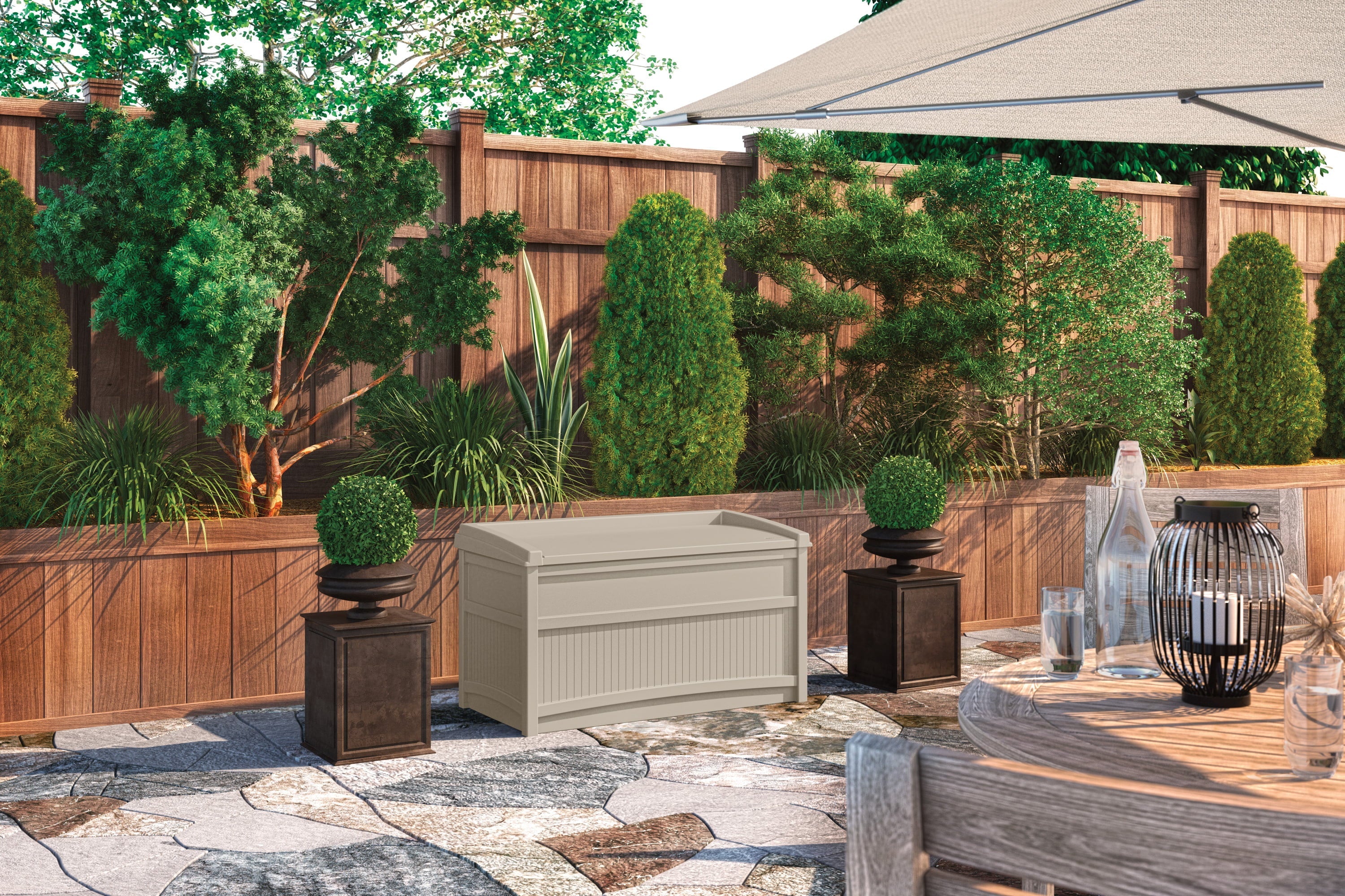 Suncast Outdoor 50 Gallon Resin Deck Box with Seat, Light Taupe