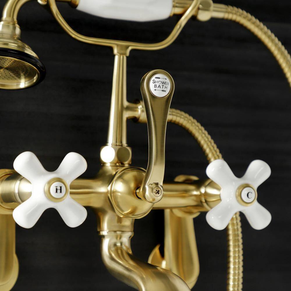 Kingston Brass Aqua Vintage 3-Handle Wall-Mount Clawfoot Tub Faucets with Hand Shower in Brushed Brass HAE59T7