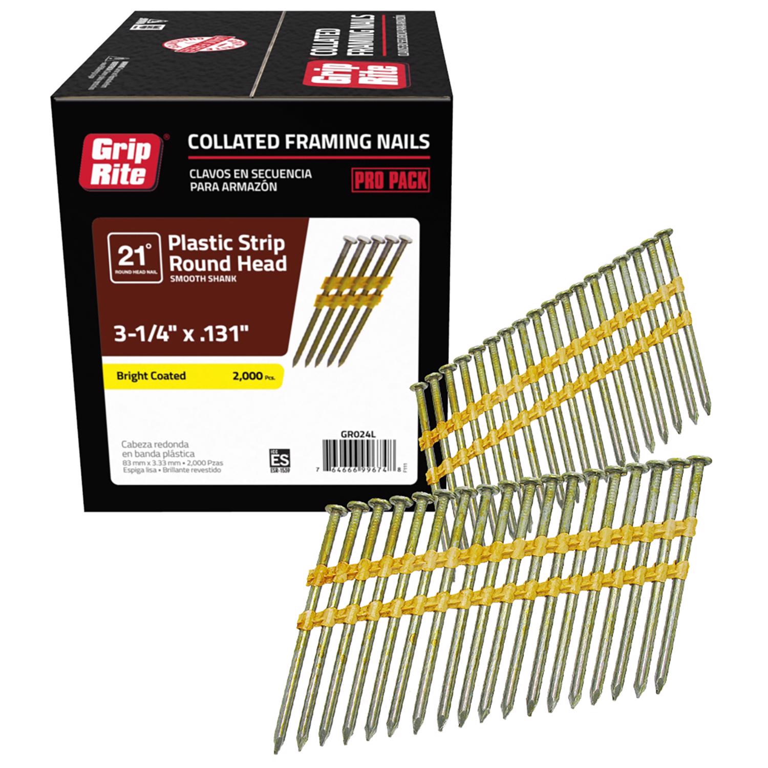 Grip-Rite 3-1/4 in. 10-1/4 Ga. Angled Strip Bright Framing Nails 21 deg 2000 pk