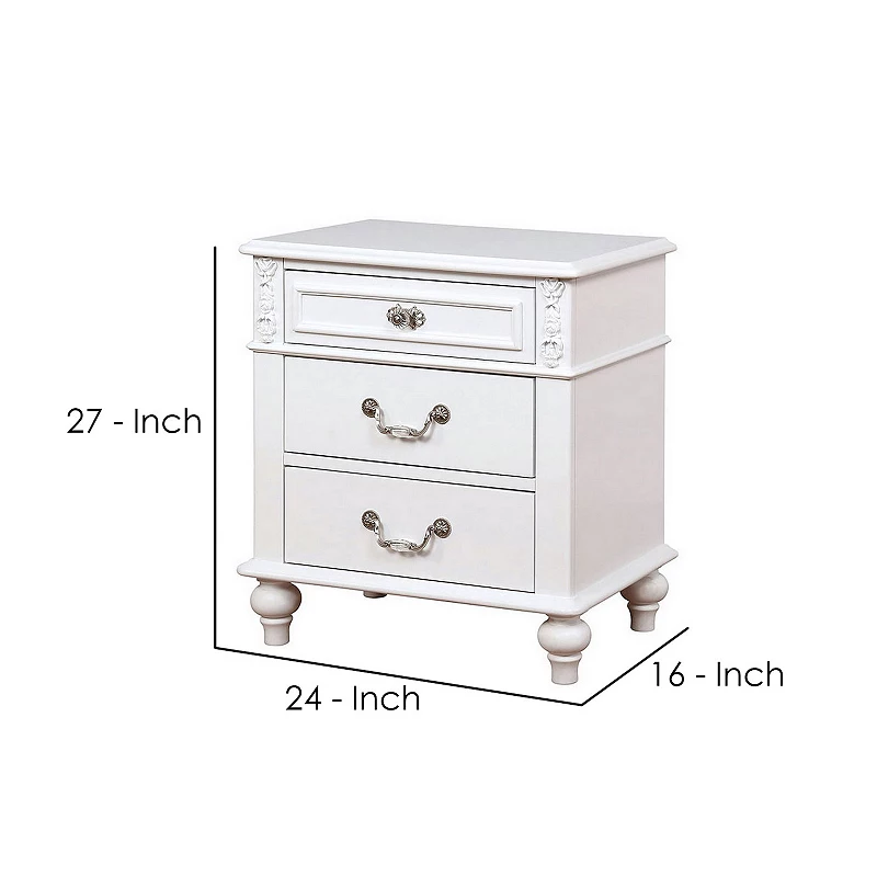 Nightstand with 3 Drawers and Built In USB Port， White