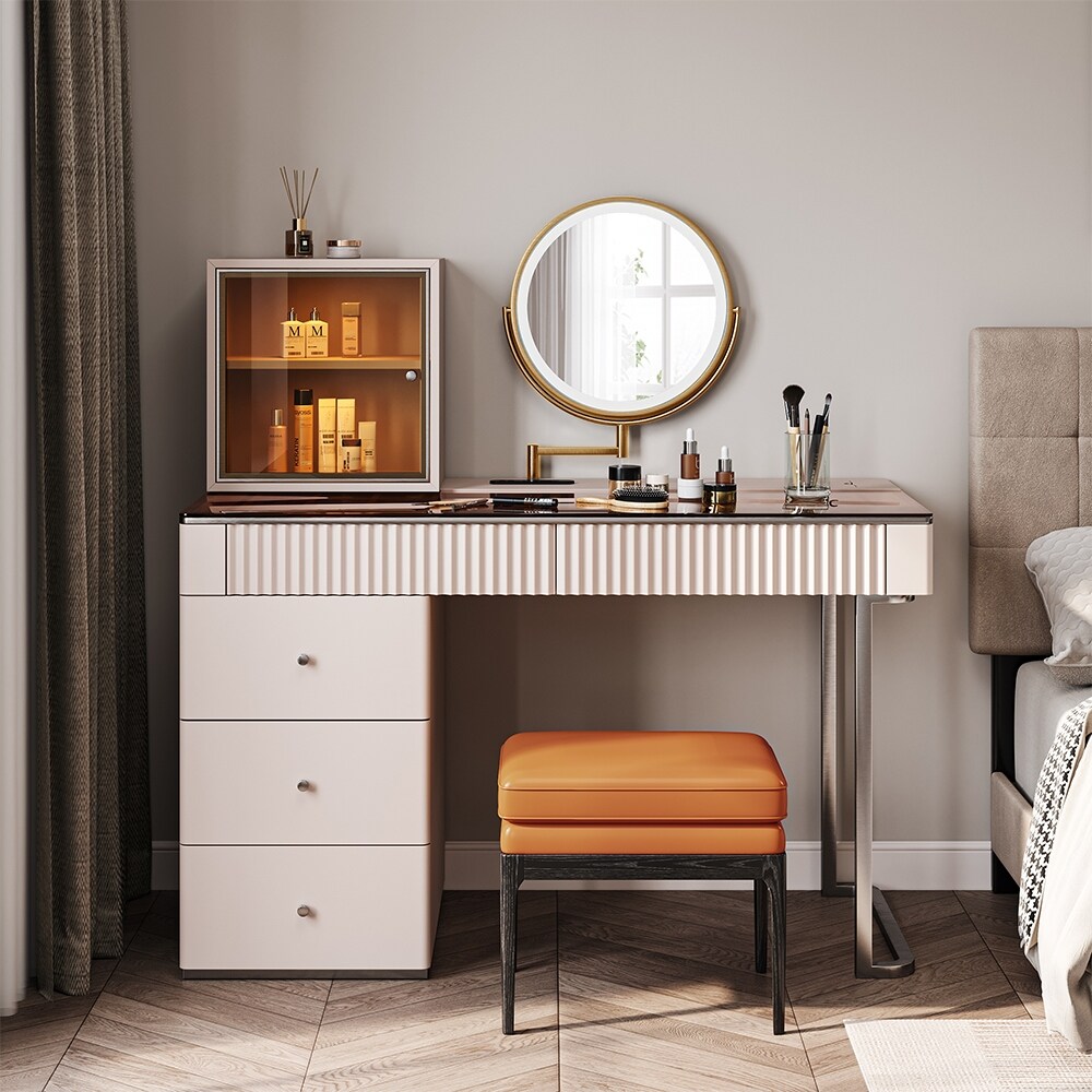 Modern Wood Makeup Vanity Table with LED Lighted Mirror  Dressing Table with PU Leather Stool  5 Drawers