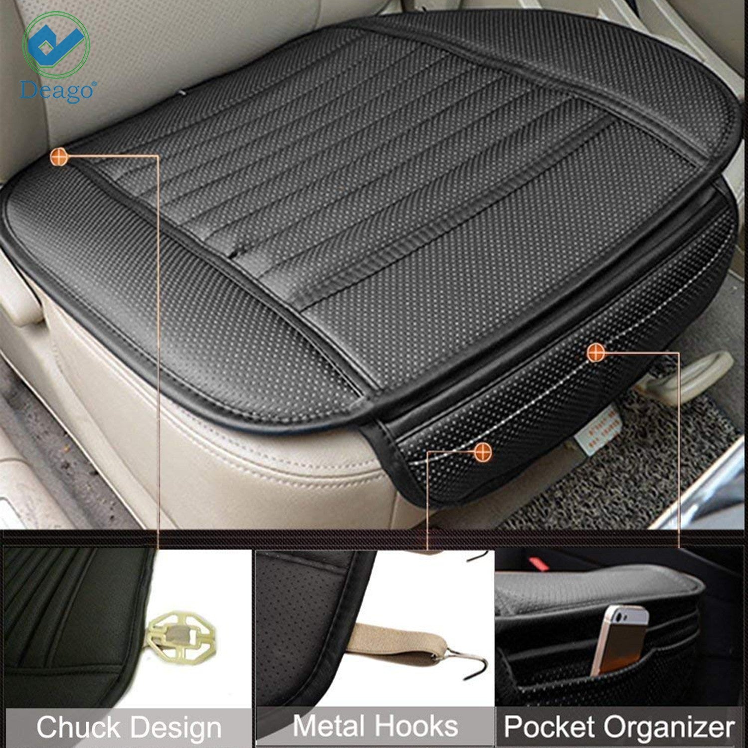 Deago Universal Car Interior Seat Cover Cushion Breathable PU Leather Chair Pad Mat For Auto Supplies (Black)