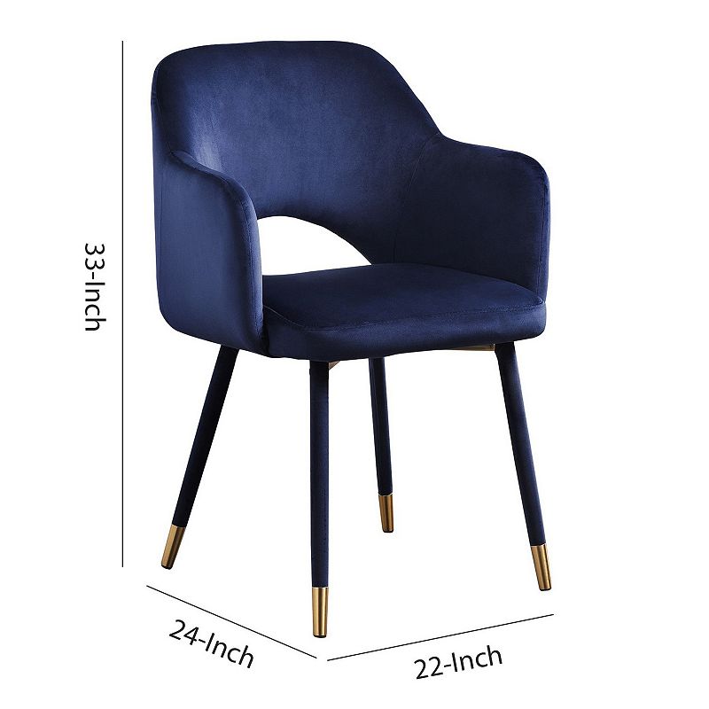 Velvet Padded Accent Chair with Open Back and Angled Legs， Blue and Gold