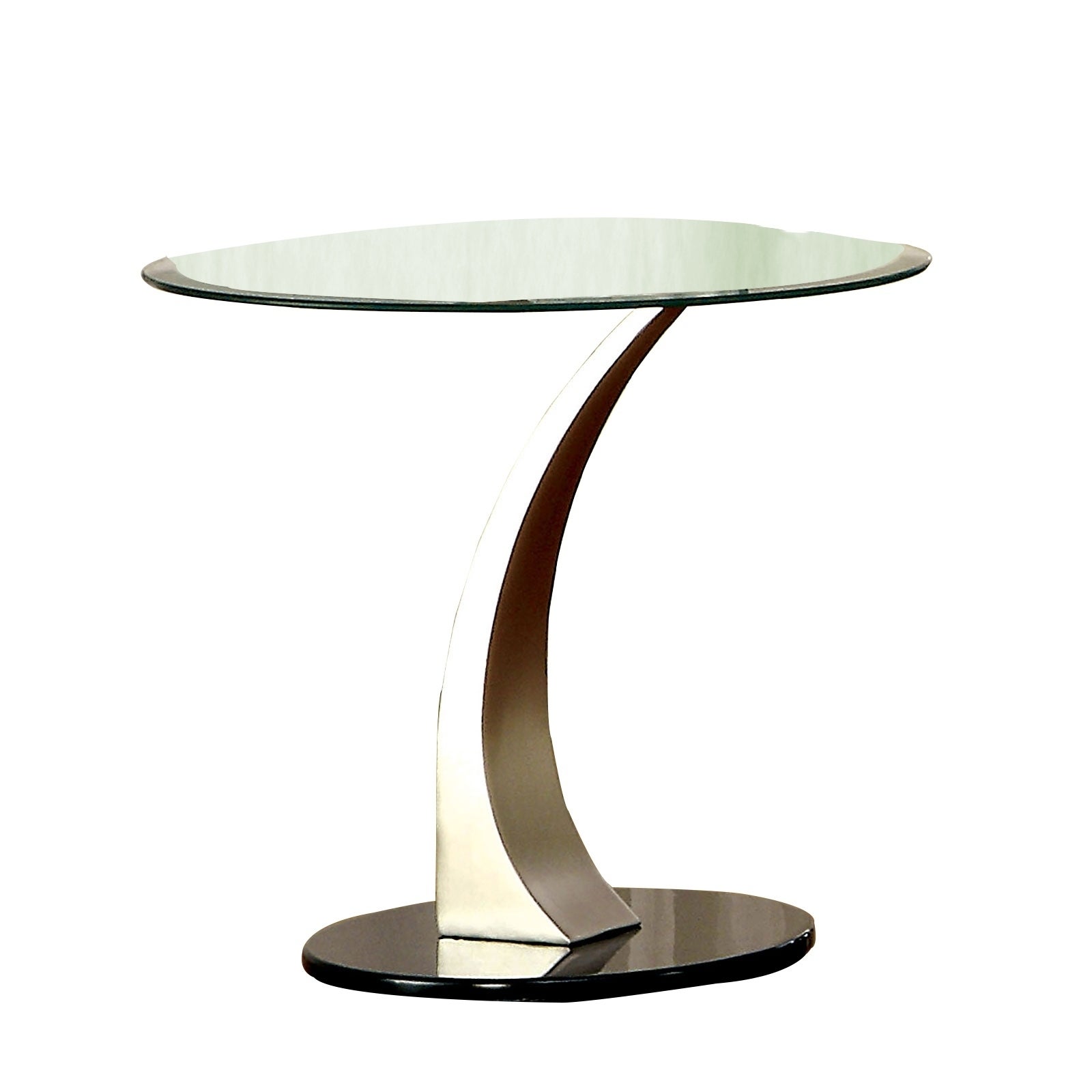 Round Glass Top End Table with Curved Pedestal Base， Black and Silver