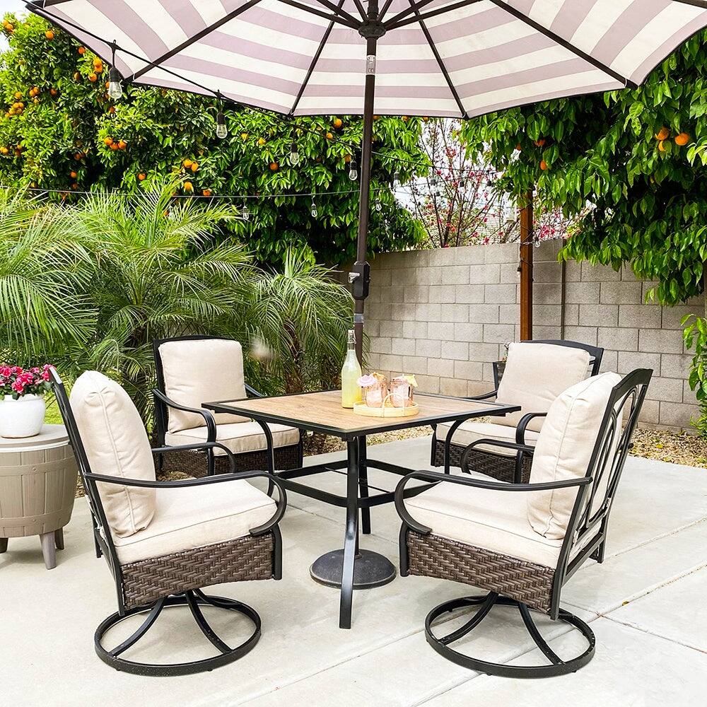 5 Piece Patio Dining Set of 4 Swivel Rattan Chairs with Deep seating and Back Cushions and 1 Wood like Table Top   N/A