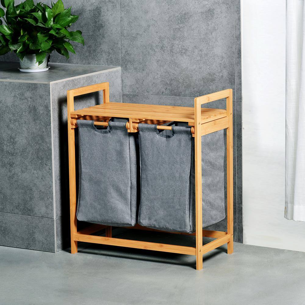 TOILETTREE Bamboo Laundry Hamper with Dual Compartments Two-Section Laundry Basket with Removable Sliding Bags  Shelf TTP-BHAMP-1