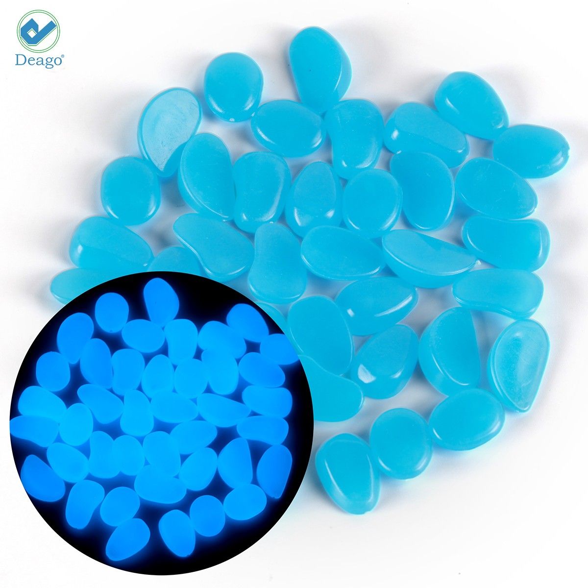 Deago 100pcs Glow in The Dark Pebbles Luminous Stones Rocks for Fish Tank Aquarium Indoor & Outdoor Yard Decor Garden Gravel Decoration for Backyard Walkway Pathway Lawn (Blue)