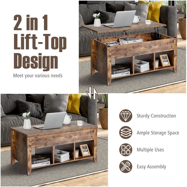 Lift Top Coffee Table， Modern Retro Central Table with Storage Shelf， Multifunctional Accent Table - as picture