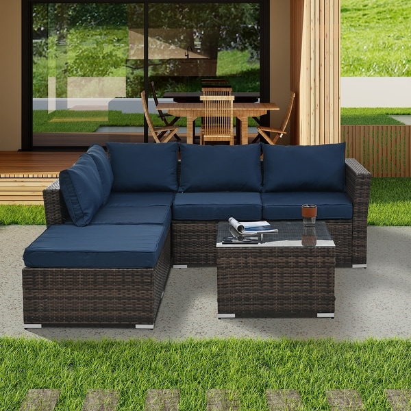 4Piece Patio Conversation Wicker Furniture Set，Sectional Sofa Set with Tempered Glass Coffee Table，Sofa Chair and Ottoman Sets