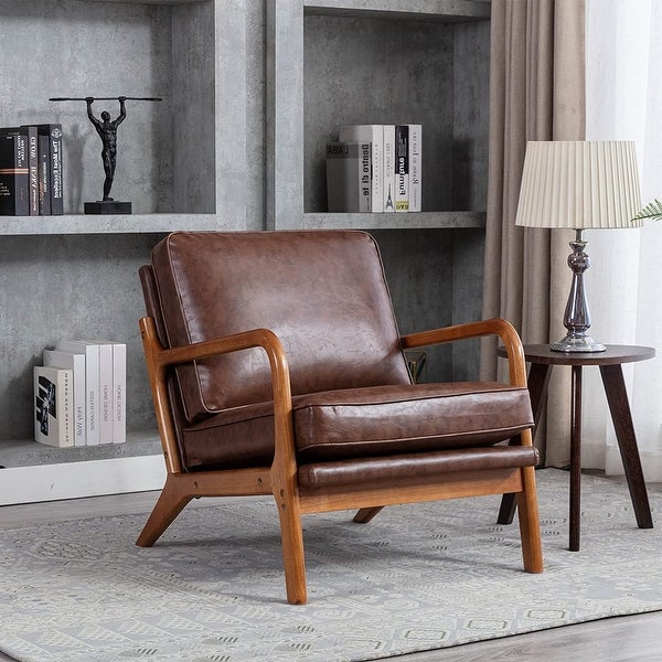 Wood Frame Accent Chair with Vintage Cushions， Brown PU Leather