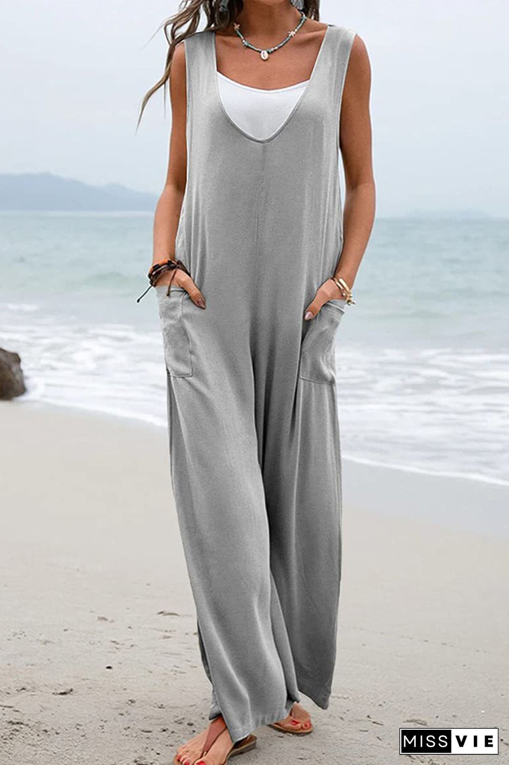 Plain V Neck Pockets Sleeveless Jumpsuit