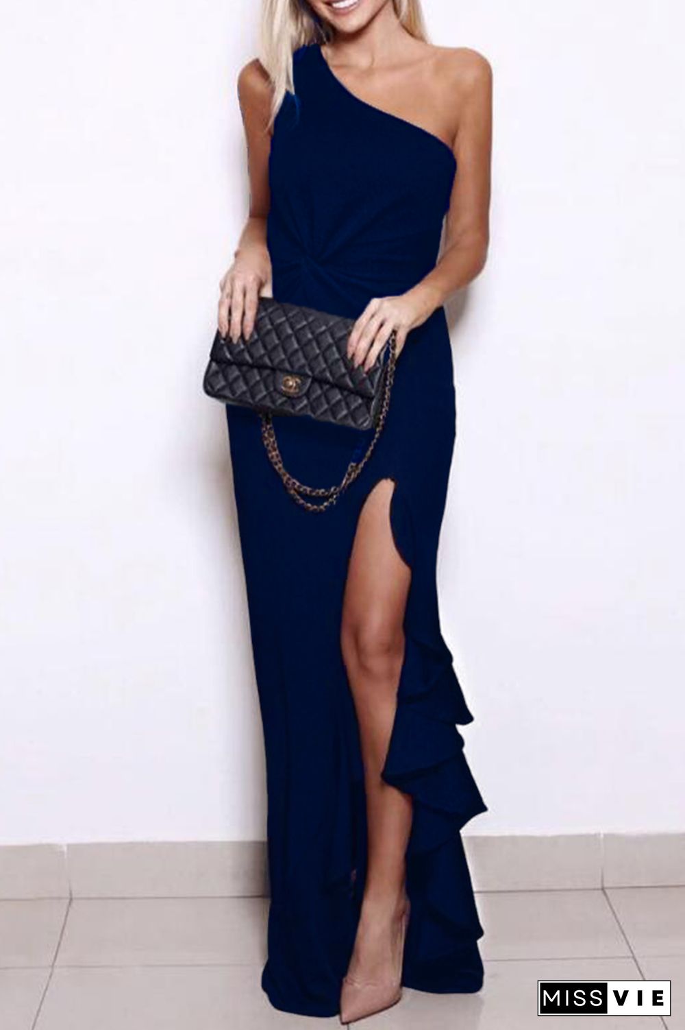 Elegant Solid Flounce Slit One Shoulder Evening Dress Dresses(5 Colors)