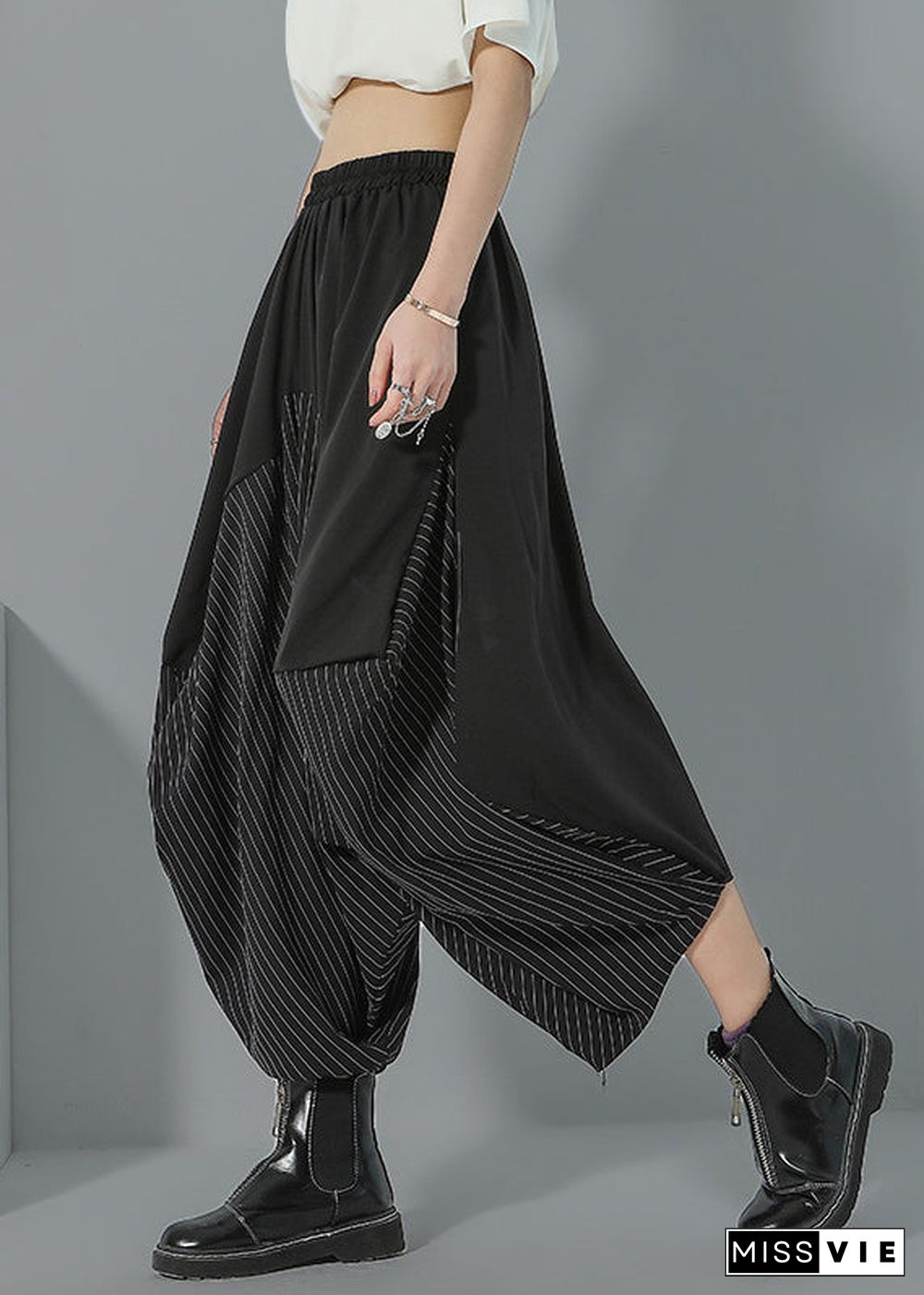 Italian Black Asymmetrical Pockets Striped Patchwork Wide Leg Pants Summer