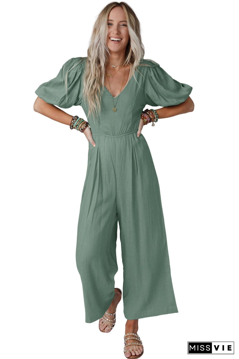 Green V Neck Puff Sleeve Hollow out Wide Leg Jumpsuit