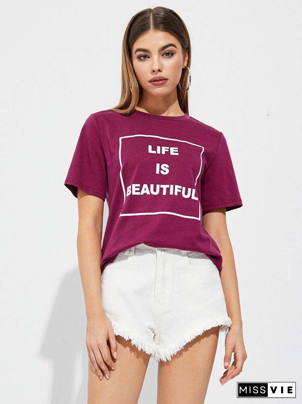 Slogan Print Short Sleeve Crew Neck Casual T-shirt