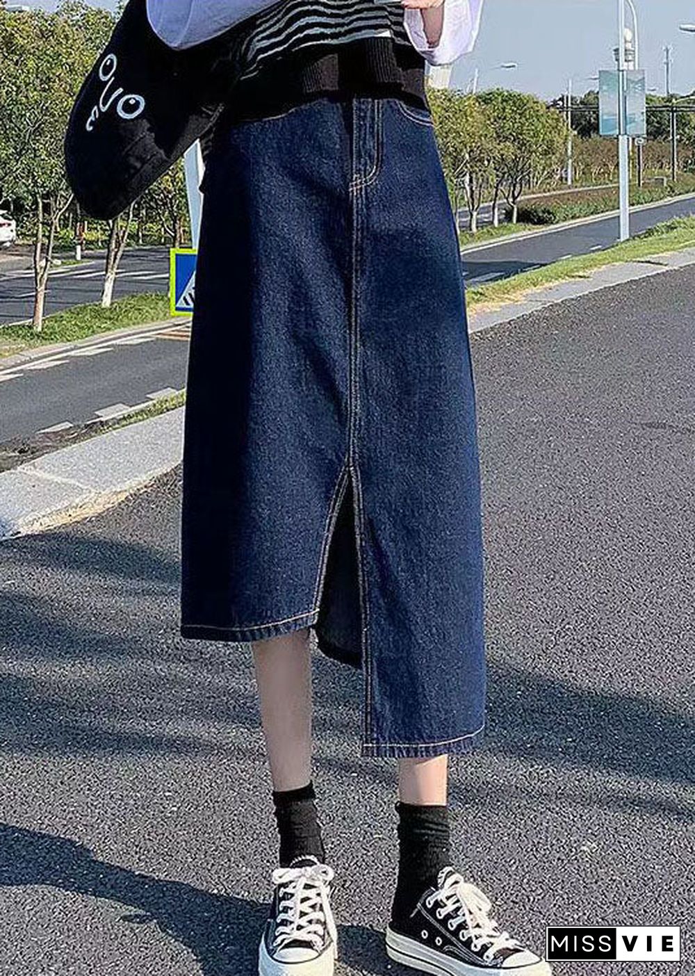 Elegant Navy Side Open Asymmetrical Pocket Cotton Denim Wraped Skirts Summer