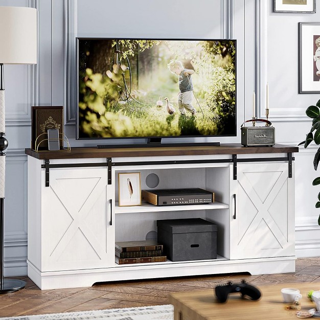 Trinity Farmhouse Tv Stand For 65 Inch Tv Barn Doors And Shelves White Modern Tv Console Cabinet Furniture For Living Room