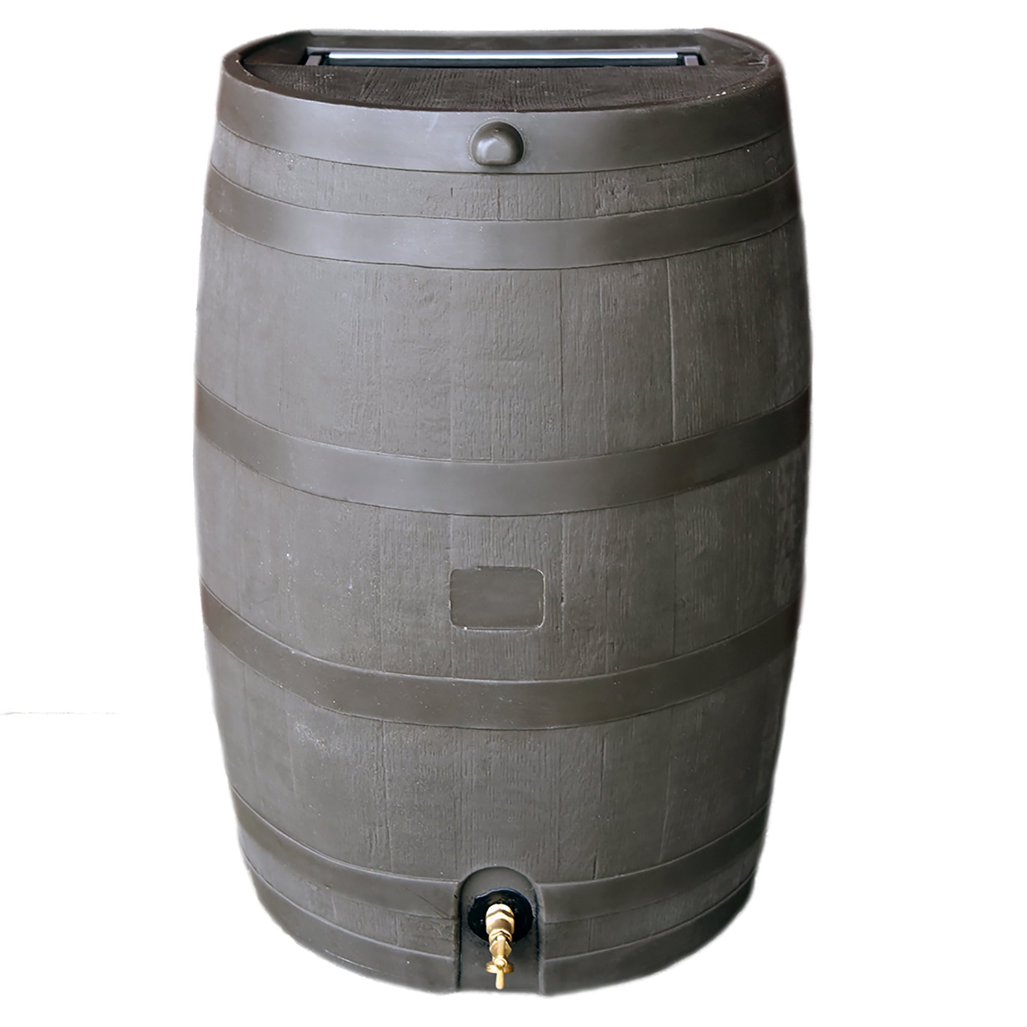 RTS Home Accents Polyethylene 50 Gallon Flat Back Brass Spigot Rain Barrel， Walnut Color