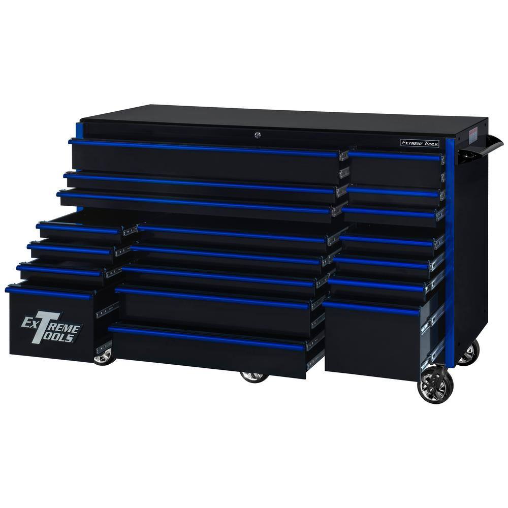 Extreme Tools 72 in. 19-Drawer Roller Cabinet Tool Chest in Black with Blue Drawer Pulls RX723019RCBKBL-250