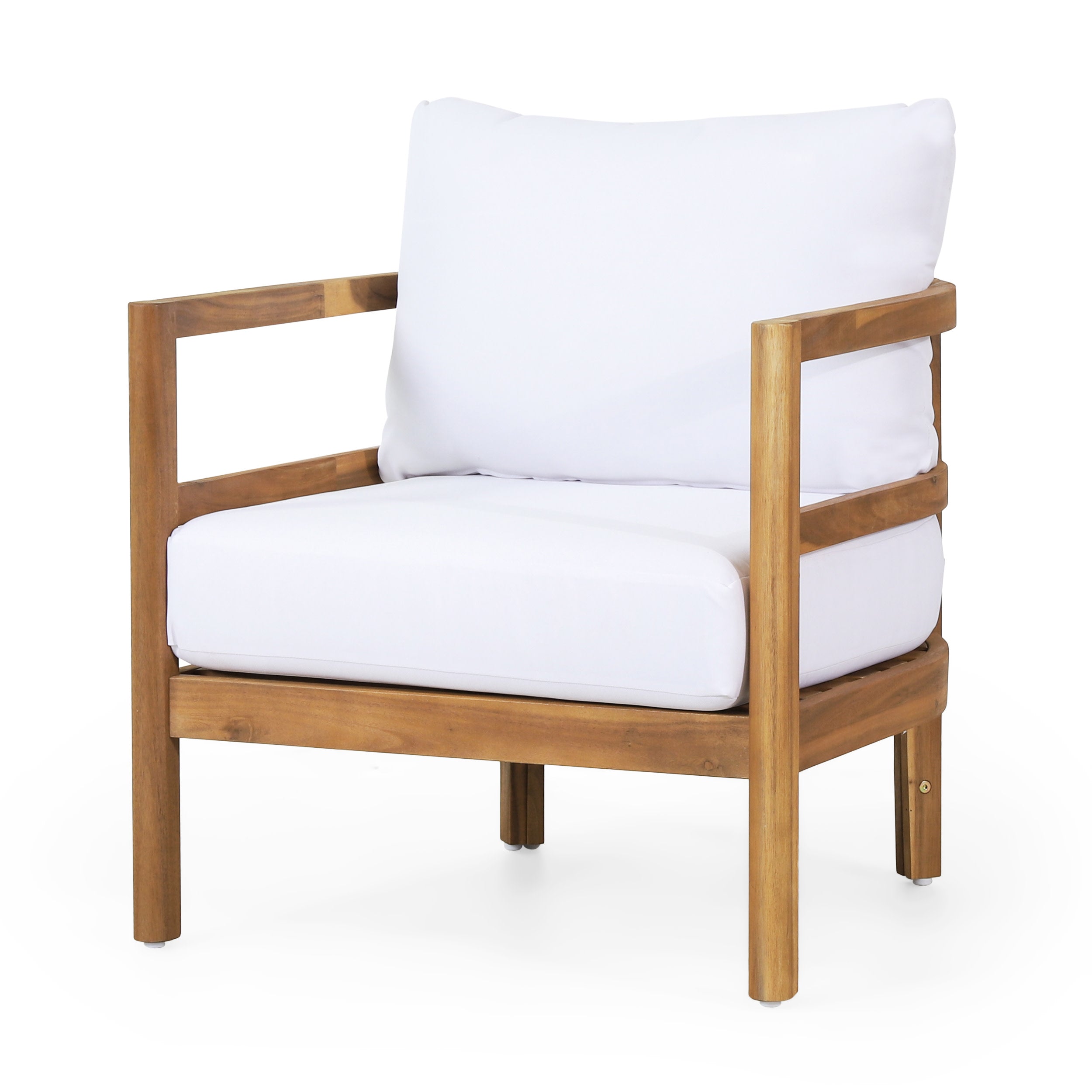 Aggie Outdoor Acacia Wood Club Chair with Cushions, Teak and White