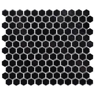 Merola Tile Metro 1 in. Hex Glossy Black 10-14 in. x 11-78 in. Porcelain Mosaic Tile (8.6 sq. ft.Case) FXLMHB