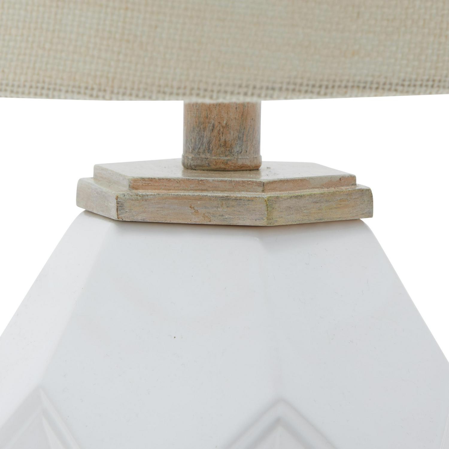 Iuka Farmhouse Ceramic Accent Lamp  White Glass Finish  Tan Burlap Shade