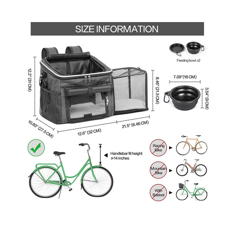 New Trend  Removable Polyester Large Capacity  Pet Bag Bike Dog Basket Carrier With 2 Foldable Feeding Bowls