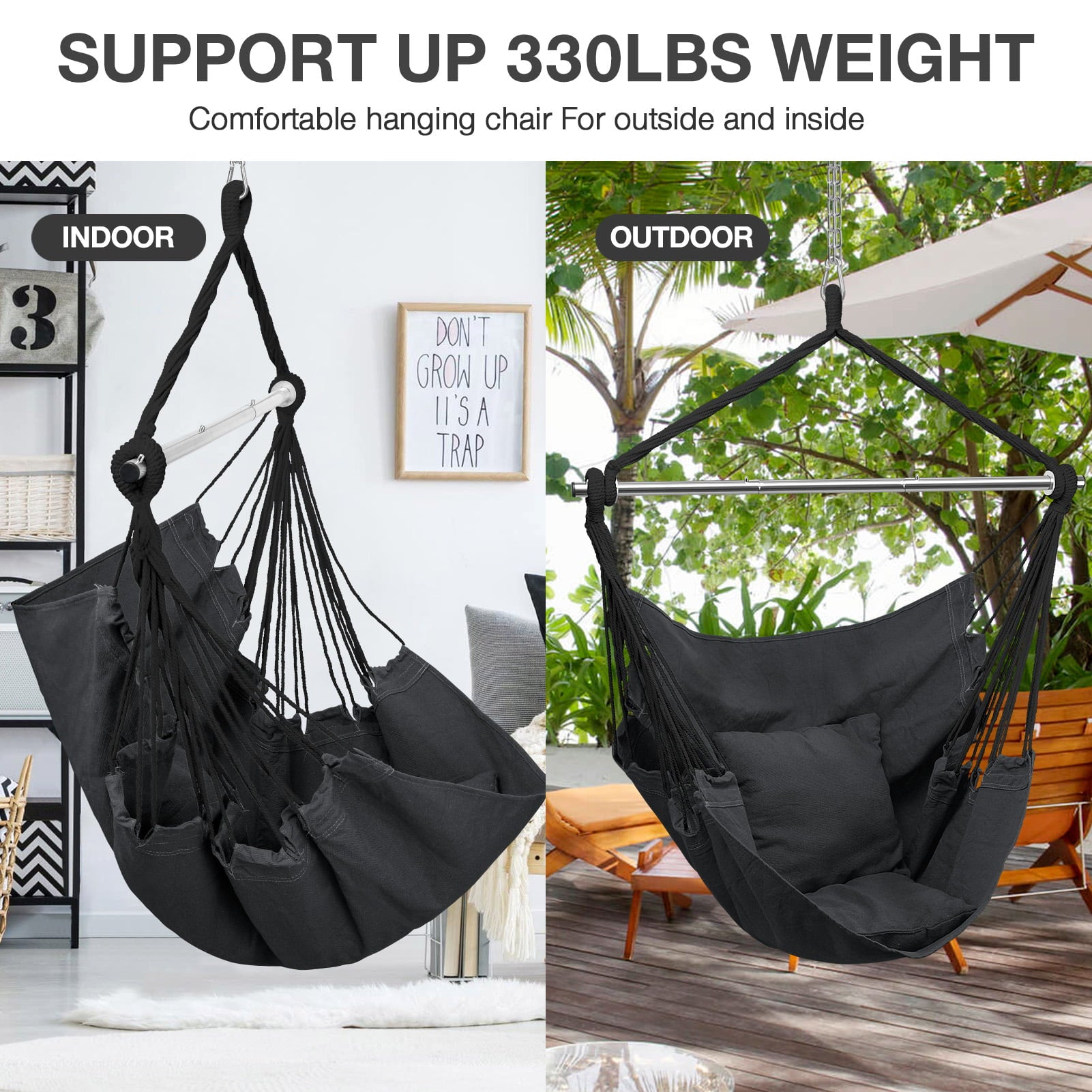 Livhil Hammock Chair Hanging Rope Swing, Outdoor Hanging Chair for Bedroom Portable Detachable Metal Support Bar Hammock Chair Swing Kit, Max 330 lbs(Dark Grey)