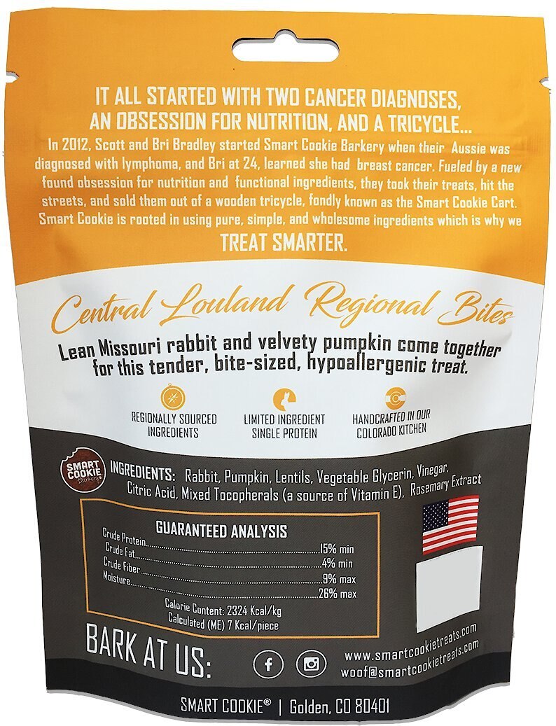 Smart Cookie Barkery Central Lowlands Rabbit and Pumpkin Grain-Free Dog Treats， 5-oz bag