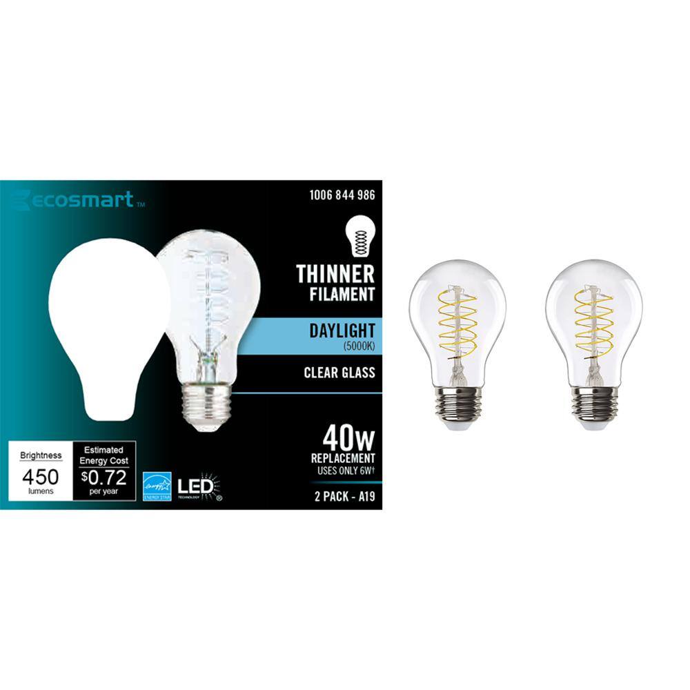 EcoSmart 40-Watt Equivalent A19 ENERGY STAR and CEC Dimmable Fine Bendy LED Light Bulb Daylight (2-Pack) A19C6E26950S