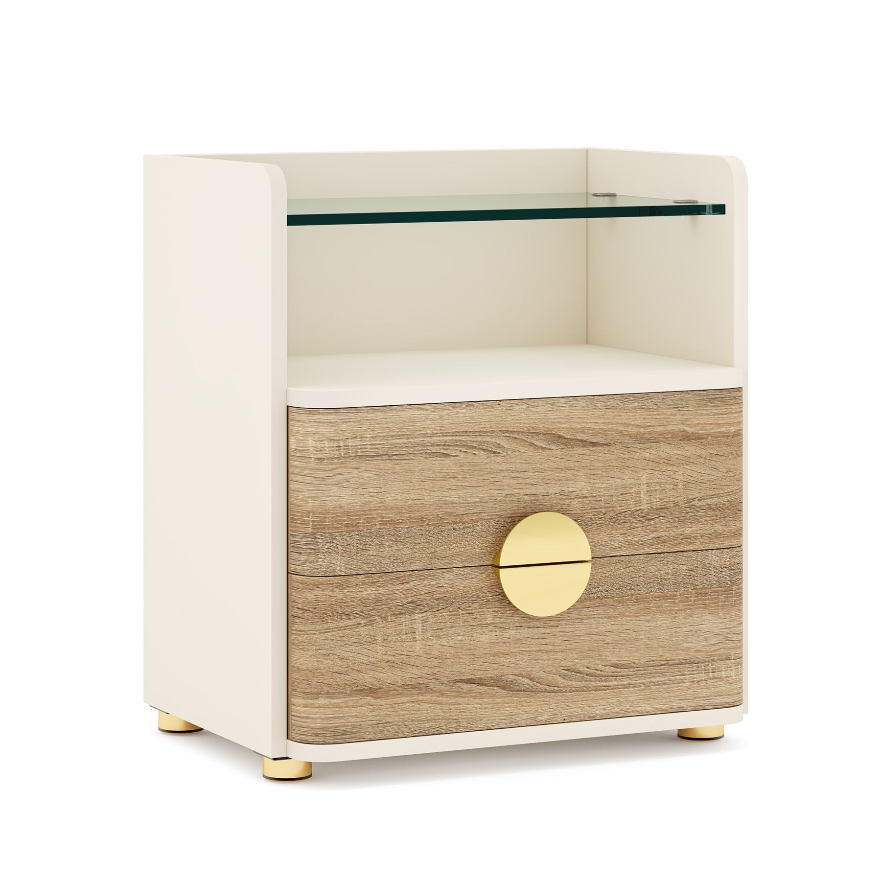 2-Drawer Nightstand, Modern Bedside Table with Open Storage