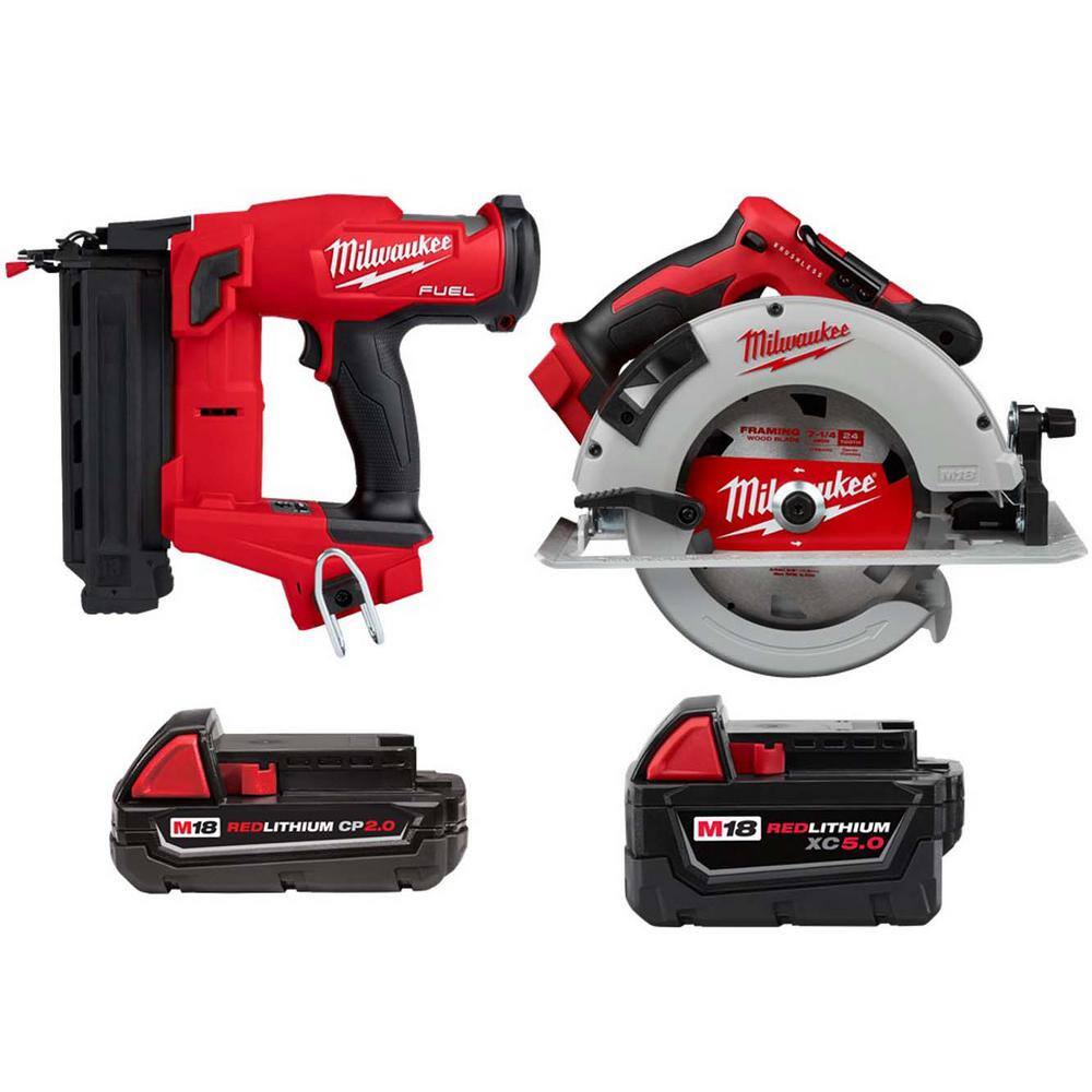 MW M18 FUEL Cordless 18-Gauge Brad Nailer Cordless 7-14 in. Circular Saw M18 2.0 Ah Battery M18 5.0 Ah XC Battery 2746-20-48-11-1820-2631-20-48-11-1850