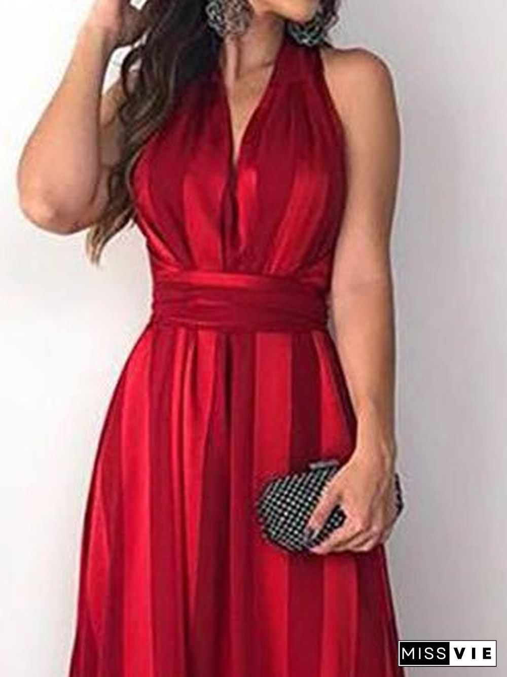 Women'S Dresses Striped Tie V-Neck Sleeveless Dress