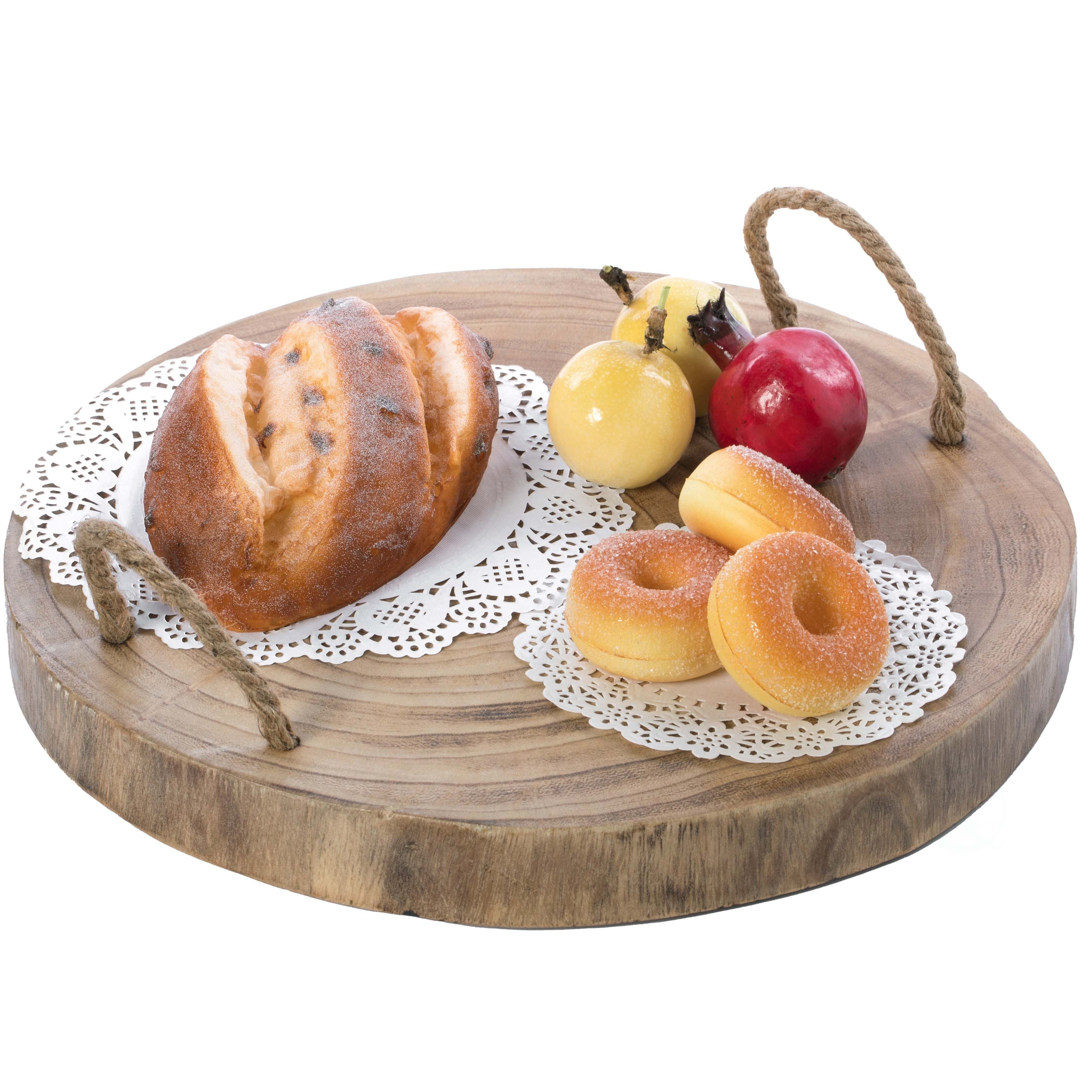 Wood Round Tray Serving Platter Board with Rope Handles