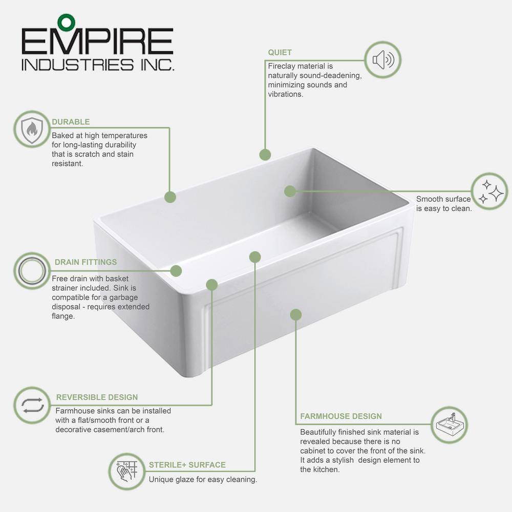 Empire Industries Olde London Farmhouse Fireclay 33 in. Single Bowl Kitchen Sink with Grid with Grid and Strainer OL33SG