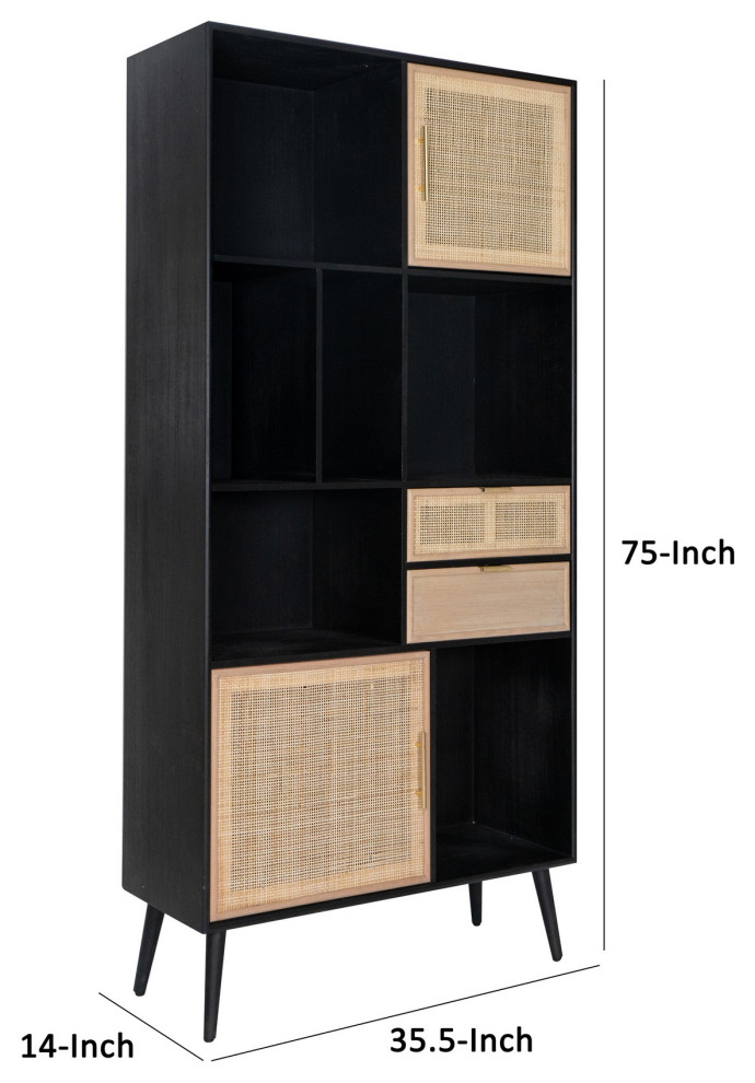 Benzara BM285151 Bookcase  6 Unique Shelves  4 Rattan Drawers  Black  Brown   Midcentury   Bookcases   by Uber Bazaar  Houzz