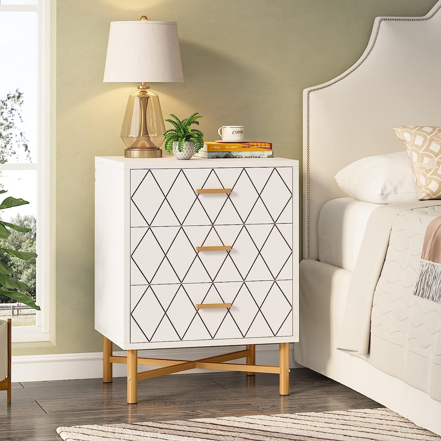 Tribesigns Nightstand with 3 Drawers,Modern Bedside Table with Diamond Design and Gold Metal Frame, White