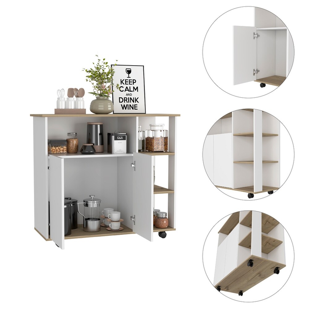 Light Oak Kitchen Island 4 Open Shelves 4 Casters Locking Mechanism   1 Cabinet with 1 Shelves Microwave Cart  White