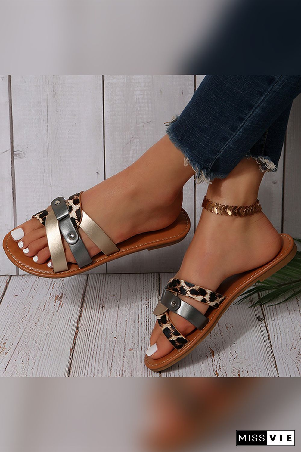 Leopard Snake Skin Straps Flat Sandals