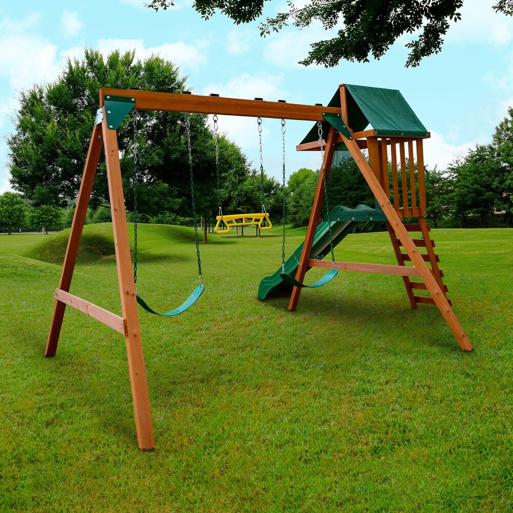 Swing N Slide Ranger Plus Wood Swing Set with Wave Slide and Rock Climbing Wall   Cedar   11' W x 12' D x 7.67' H