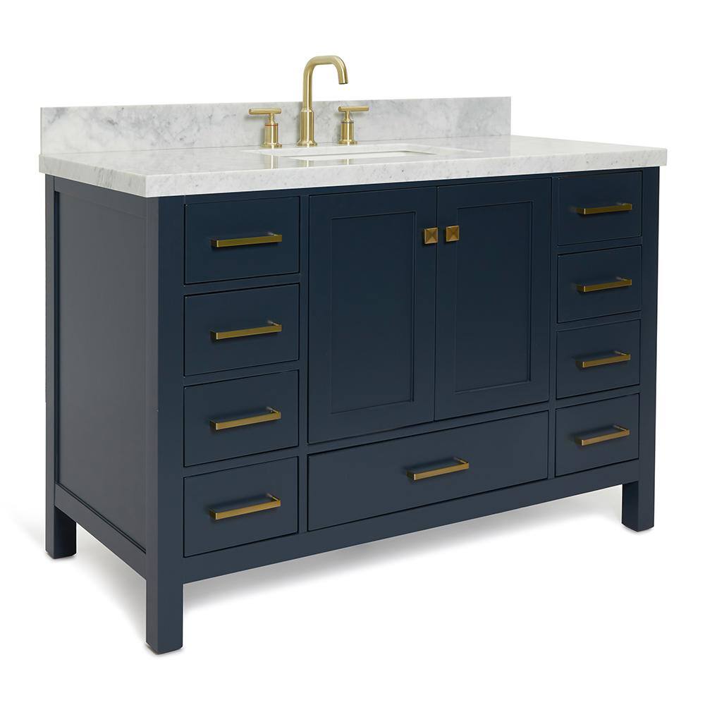 ARIEL Cambridge 49 in. W x 22 in. D Vanity in Midnight Blue with Marble Vanity Top in Carrara White with White Basin A049SCWRVOMNB