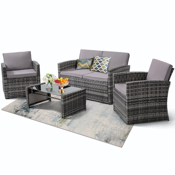 4 Pieces Patio Conversation Set，Outside Rattan Sectional Sofa，Cushioned Furniture Set，Wicker Sofa for Garden Rattan and Cushion