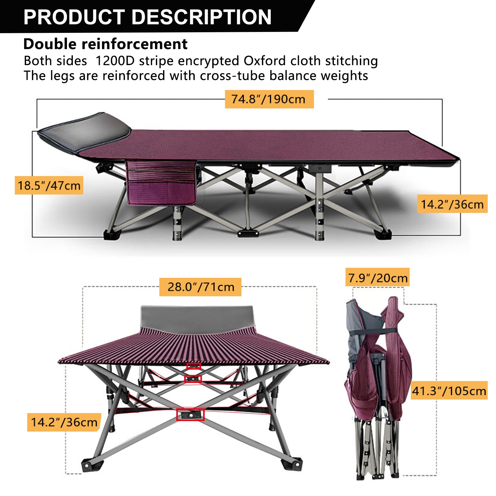 FICISOG Folding Camping Cots for Adults 600lbs Double Layer Oxford Strong Heavy Duty Wide Sleeping Cots with Carry Bag & Mattress