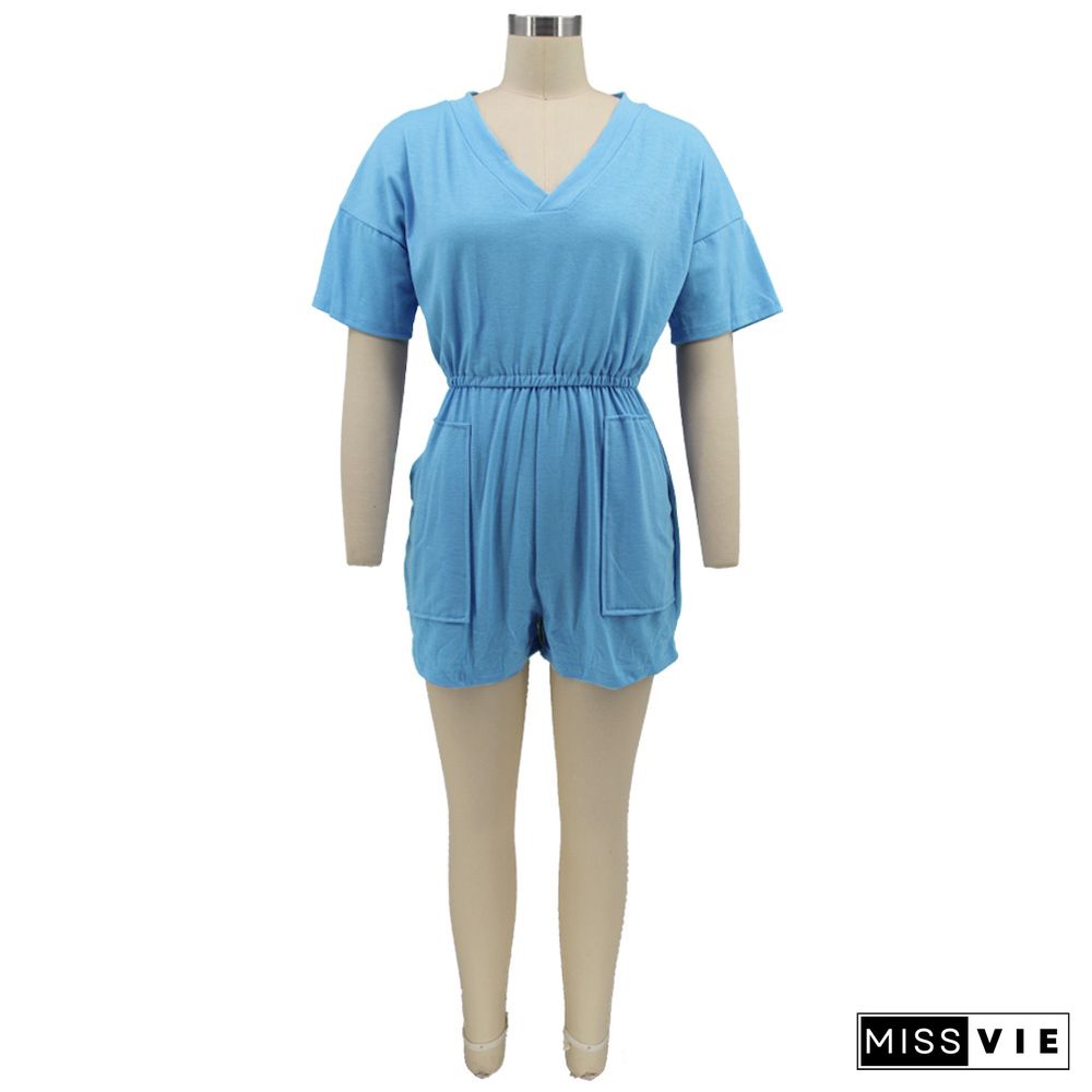 V-neck Solid Color Short Sleeve Casual Rompers